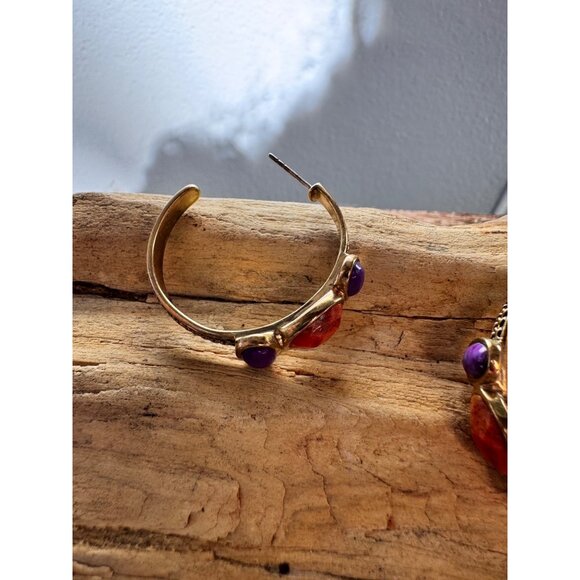 Barse Thai Bronze Earrings Amethyst & Spiny Oyster Orange Stone Semi Hoop Boho - Picture 4 of 9